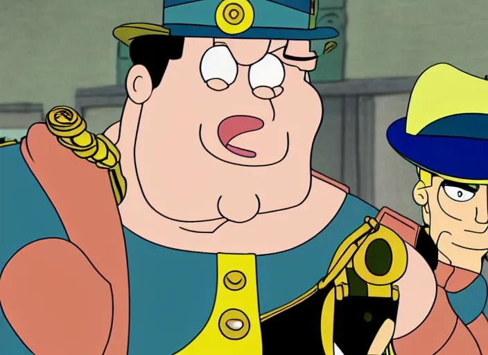 Prompt: jotaro kujo in family guy ( 1 9 9 9 ), cartoon still, clean colors, clean lineart