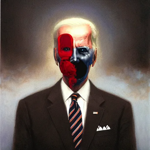 Image similar to presidential portrait of joe biden with shadowy mist pouring from mouth and nose as slenderman, by beksinski, jon mcnaughton, and stephen gammell