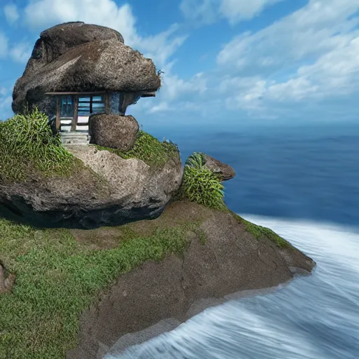 Prompt: house on the island rock, unreal engine, high detail, realism, award winning, detailed lighting