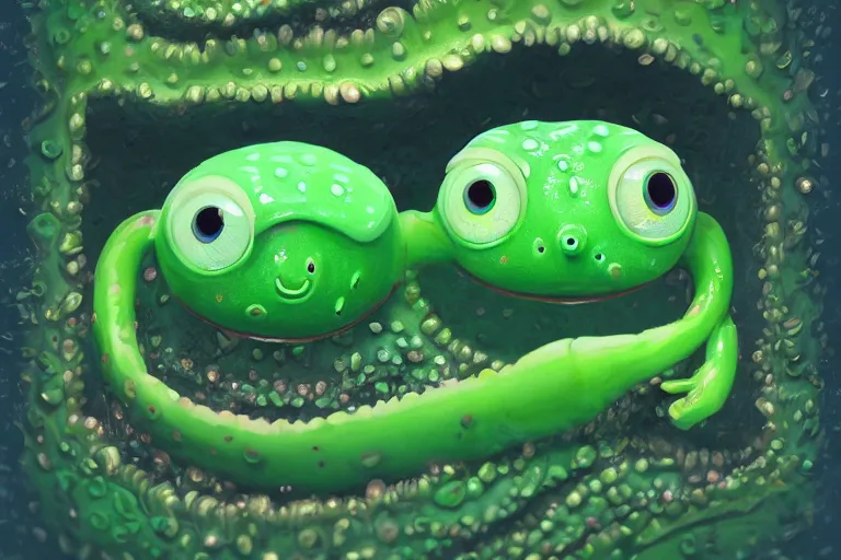 Image similar to symmetrical intricate murky clay cute friendly big eyes smiling green worm character kawaii, in the style of craola, macro lens, shallow depth of field, highly detailed, digital painting, trending artstation, concept art, illustration, cinematic lighting, pastel, photorealism, epic, octane render