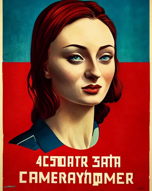 Prompt: ( ( ( a soviet propaganda poster of ) ) ) sophie turner as a communist, portrait, closeup, digital art, by ross tran, by angel ganev, highly detailed, trending on artstationhq