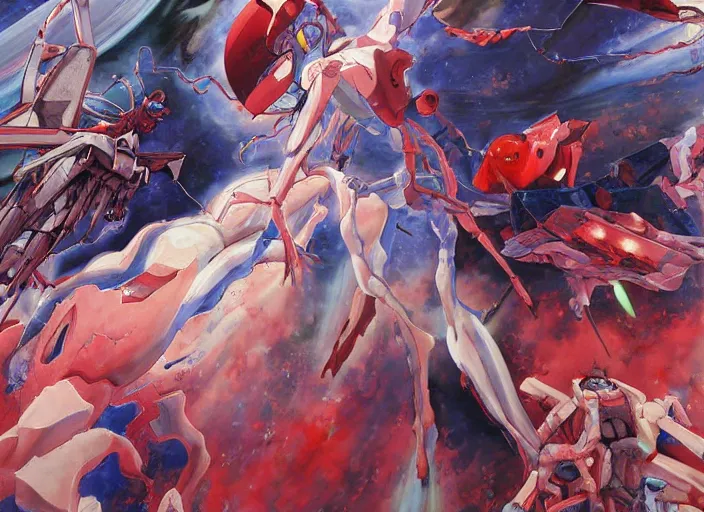 Image similar to third impact evangelion painting by james jean and katsuhiro otomo and erik jones, inspired by akira anime, smooth texture, intricate oil painting, high detail illustration, sharp high detail, long exposure