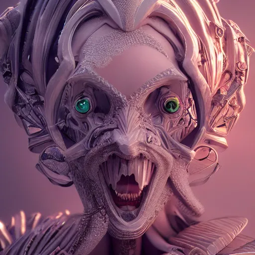 Image similar to beautiful impish biomechanical incredible technological hair, masterpiece crystalline incrustations, hyper - detailed face, elegant pose, movie still, intricate, octane render, cinematic lighting, cgsociety, unreal engine,