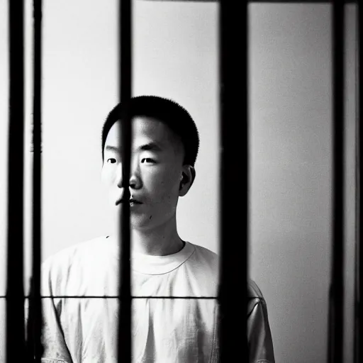 Image similar to an 8 5 mm portrait of a justin sun in prison looking through the bars of his cell, by annie leibovitz, shallow depth of field, cinematic lighting