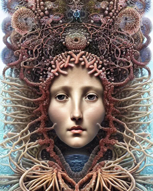 Image similar to hyperrealistic detailed underwater face portrait of the beautiful goddess of the jellyfish with an intricate headgear of corals, sea kelp, sea plants, fish, starfish, jellyfish, art by ernst haeckel, john william godward, android jones, alphonso mocha, gothic - cyberpunk, ornamental, beautiful deep colours,