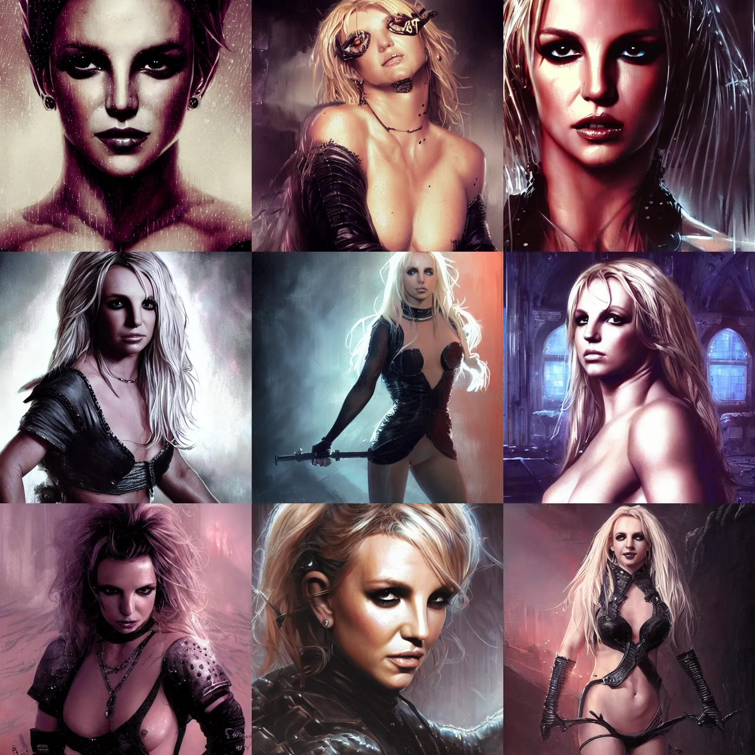 Prompt: britney spears, film nior, darkwave, darksynth character portrait, sharp, digital matte painting, art by luis royo, greg rutkowski, wlop, dramatic lighting, trending on artstation