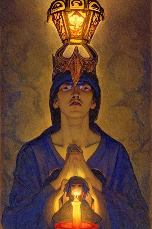 Image similar to child of darkness with his crown and lantern, by Nicholas Roerich and Annie Swynnerton and and jean delville, dramatic cinematic lighting , ornate headdress , flowing robes, sacred artifacts, lost civilizations, smooth, sharp focus, extremely detailed