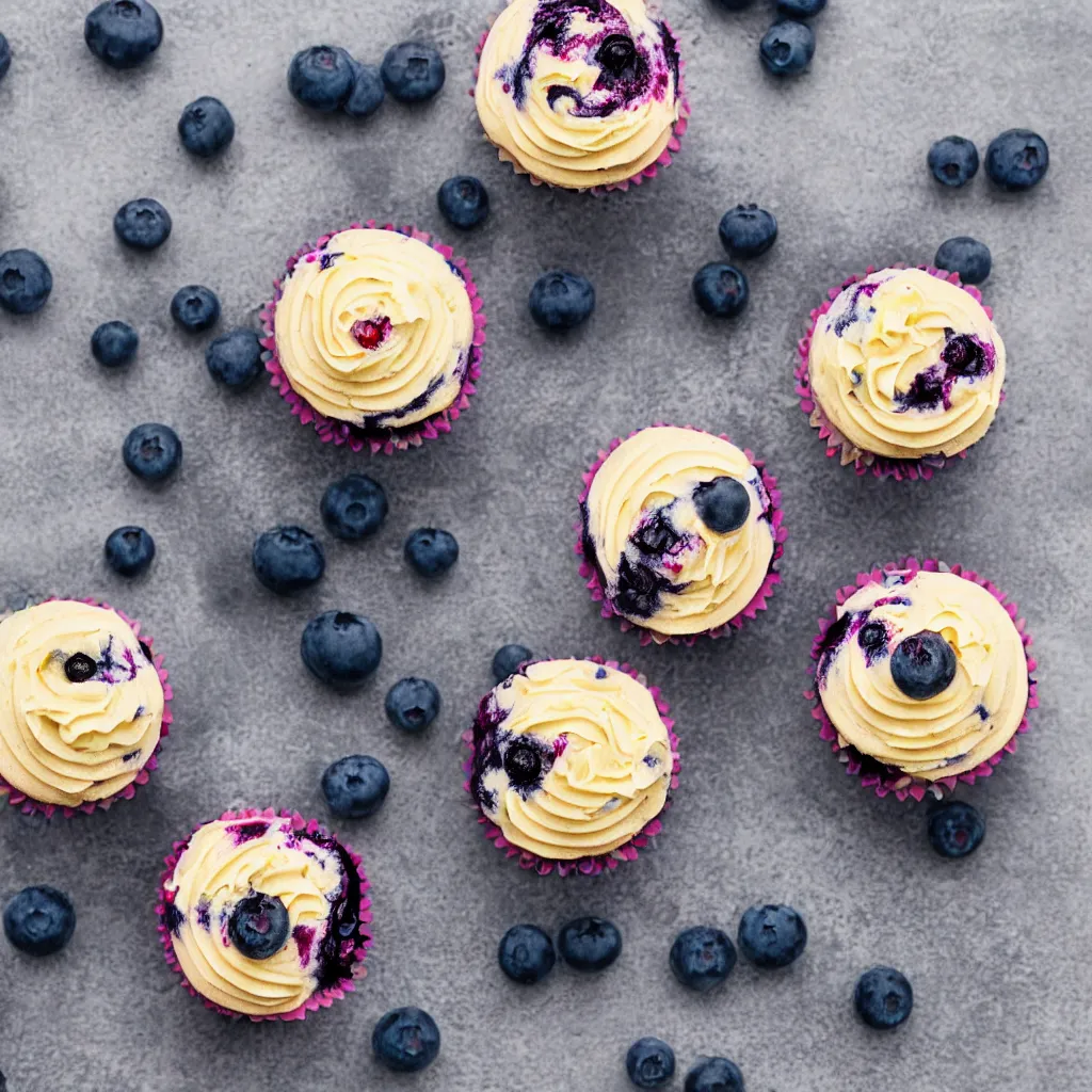 Prompt: colourful macro photo of two blueberry cupcakes on a table, bakery shop in the background, photorealistic, studio lighting, bokeh, Canon 85mm vintage lens