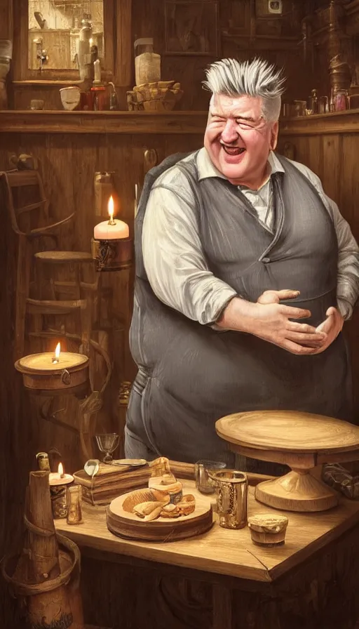 Image similar to david lynch as fat drunk tavern owner, apron, laughing, candles, fame of thrones, warhammer, fibonacci, sweat drops, intricate fashion clothing, insane, intricate, highly detailed, surrealistic, digital painting, artstation, concept art, smooth, sharp focus, illustration, unreal engine 5, 8 k, art by artgerm and greg rutkowski and alphonse mucha