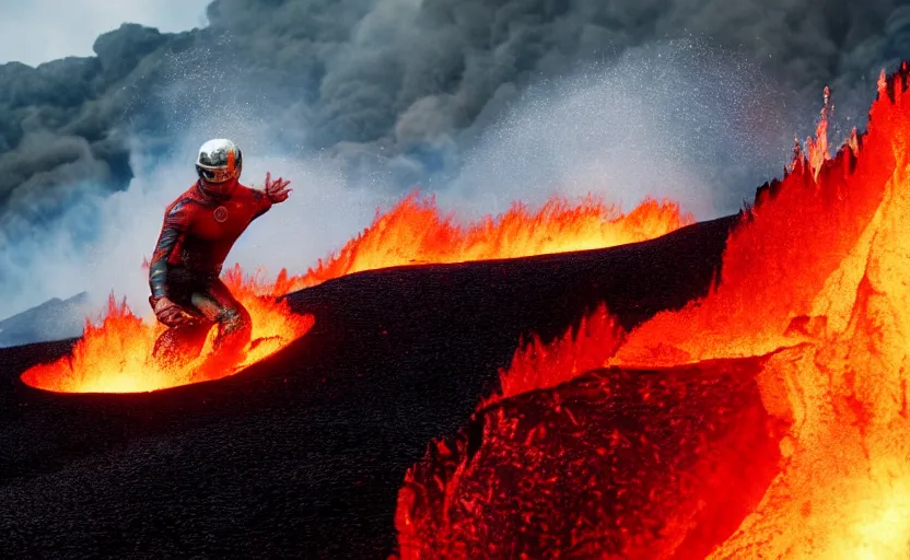 Prompt: lava surfing is the most extreme of sports, action shot, directed by michael bay, motion blur, sharp focus, imax