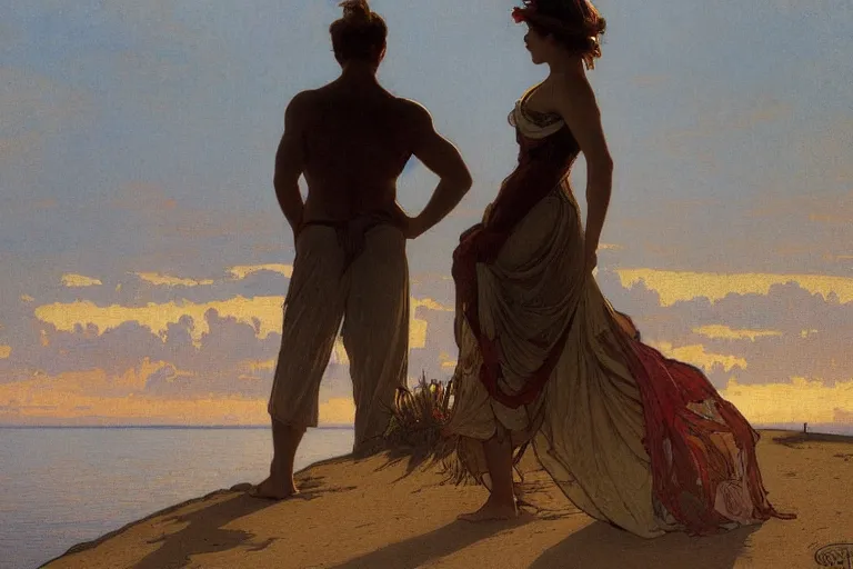 Prompt: a matte painting of a man watching the sunset wife his girlfriend by the beach, by greg rutkowski, by alphonse mucha, muted colors