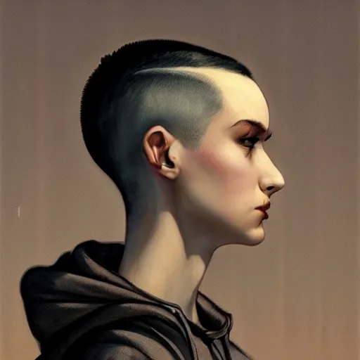 Image similar to character portrait of a 1950s girl in a hoodie, pixie cut, shaved side of head, dystopian cyberpunk steampunk soviet mood, intricate, wild, highly detailed, digital painting, artstation, upper body, concept art, smooth, sharp focus, illustration, art by artgerm and greg rutkowski and alphonse mucha