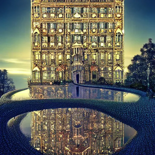 Prompt: an incredibly beautiful world of multifaceted mirrored optical illusions twisted around organic other worldy lifeforms in the style of erik johansson by dr. seuss covered in intricate gold leaf detail in a gothic hotel room with soft indirect lighting, final fantasy, cinematic colors, behance contest winner, unreal engine 5 highly rendered, global illumination, radiant light, detailed and intricate environment