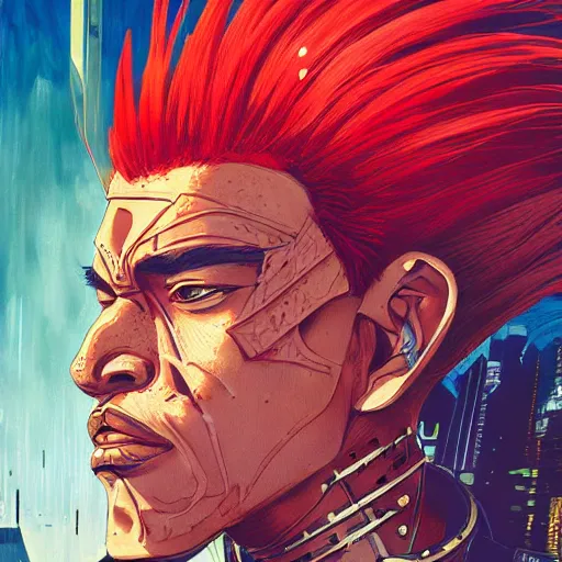 Image similar to portrait painting of a maori street samurai with spiky red hair, cyberpunk, glitchwave, vaporwave, sharp focus, award - winning, trending on artstation, masterpiece, highly detailed, intricate. art by josan gonzales and moebius