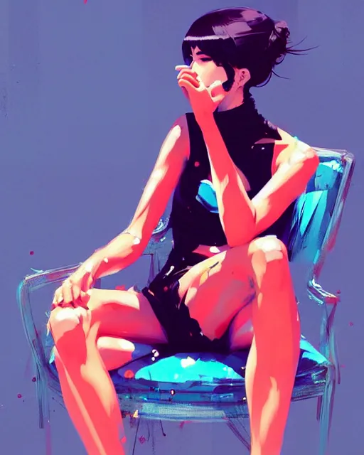 Image similar to a ultradetailed beautiful panting of a stylish woman sitting on a chair, by conrad roset, greg rutkowski and makoto shinkai, trending on artstation