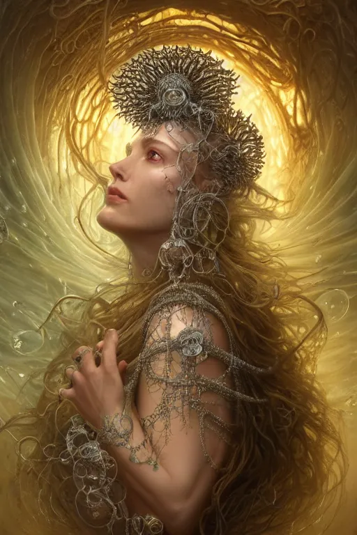 Image similar to a centered render of an alluring post apocalyptic goddess with wearing ornate silver and gemstones and crystal clothing surrounded by flowing liquid gallium jellyfish and sacred geometry, perfect body and face, gorgeous, cinematic, beautifully lit, by tomasz alen kopera and peter mohrbacher and craig mullins, rich colour, 3 d, trending on artstation, octane render, 8 k