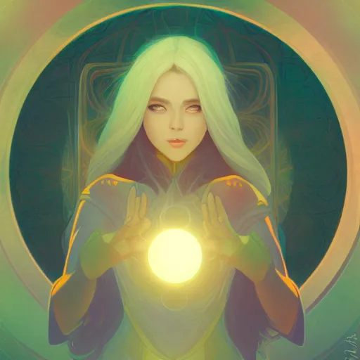 Image similar to portrait of a female mage with ball of orbs floating by her side, blueish aura by her side, dynamic pose, chromatic aberration, medium level shot, grim fantasy, illustration, mucha style, concept art,