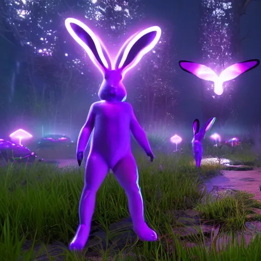 Image similar to neon fluorescent, iridescent cute bunny rabbits with fairy wings cyperpunk 2 0 7 7, unreal engine 5, 8 k ultra realistic, hyperdetailed, volumetric lighting, extremely high quality