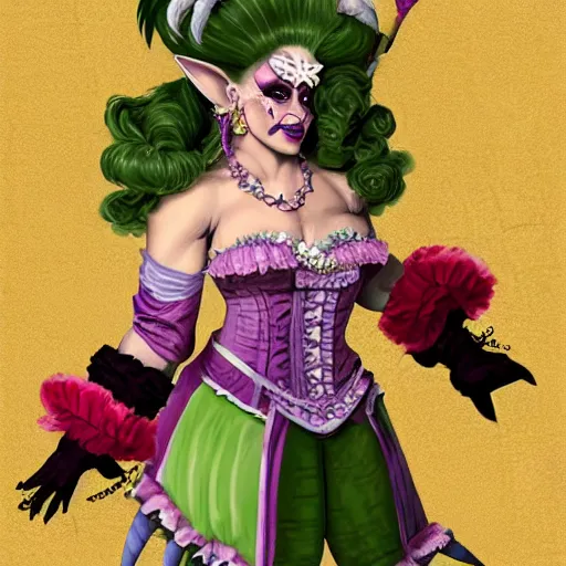 Prompt: d&d character artwork of an orc drag queen (a male orc in frilly women\'s clothing, orc has green skin) who is wearing a very girly prissy frilly rococo ballgown outfit and a huge rococo powdered wig, rococo fashion, drag, girly, fabulous, D&D, fantasy, highly detailed, digital painting, artstation, smooth, sharp focus, illustration, art by artgerm and greg rutkowski and alphonse mucha