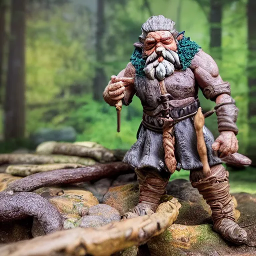 Image similar to high - res photograph of a claymation sculpture action figure warrior dwarf, highly detailed sculpey diorama, forest setting, waterfall backdrop, smooth, sharp foccus, commercial product photography,