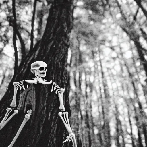 Prompt: extra close-up, bw film photography, portrait of skeleton standing in a forrest, film photo