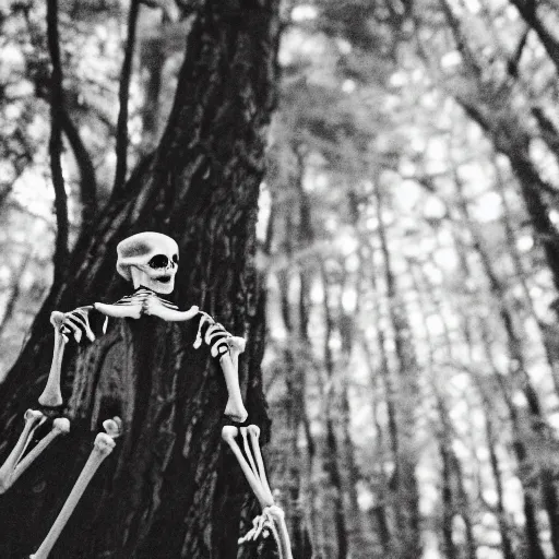 Image similar to extra close-up, bw film photography, portrait of skeleton standing in a forrest, film photo