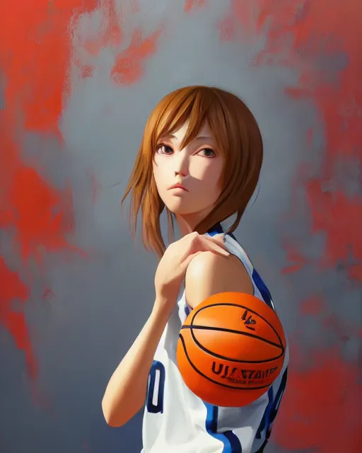 Image similar to A ultradetailed beautiful panting of a stylish girl wearing a basketball jersey, she is holding a basketball, Oil painting, by Ilya Kuvshinov, Greg Rutkowski and Makoto Shinkai