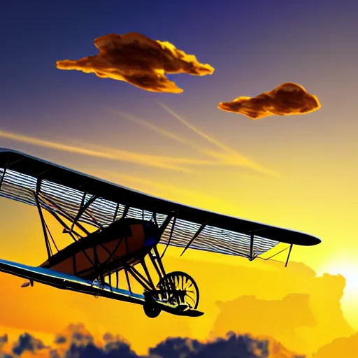 Prompt: a biplane with tons of wings stacked high flying through golden clouds at sunset, symmetrical, 4 k, art station, digital art