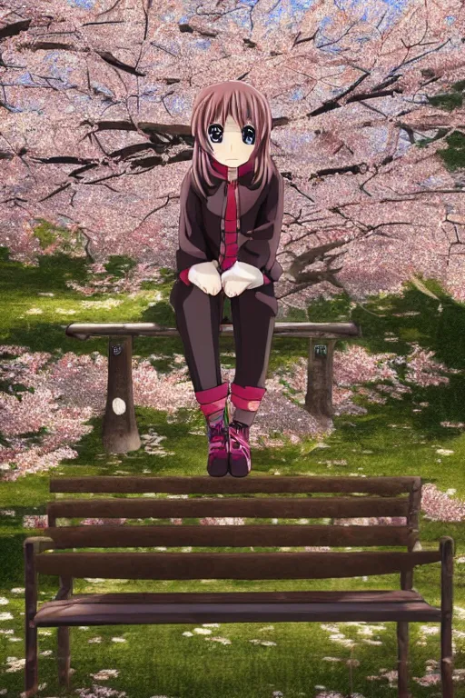 Image similar to anime girl sitting on a bench, highly accurate and proportional, spring time, cherry blossom in the background