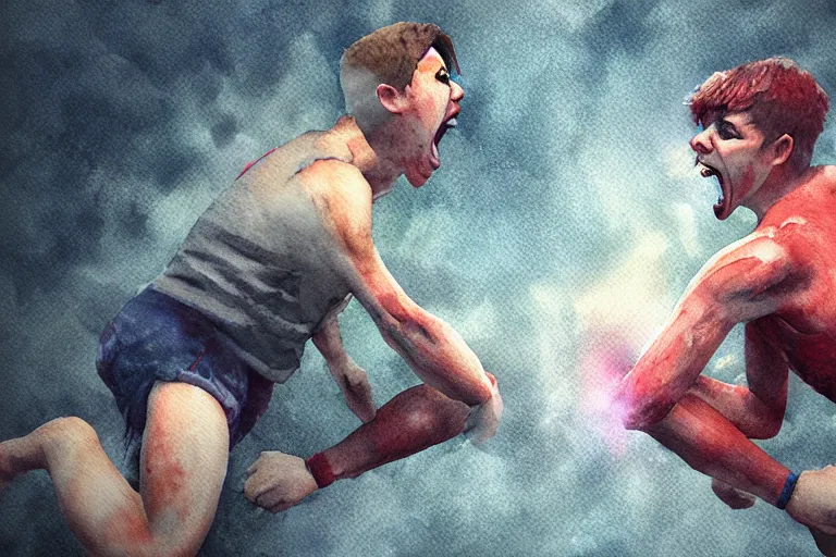 Prompt: screaming match, film photography watercolored misty artstation 8k