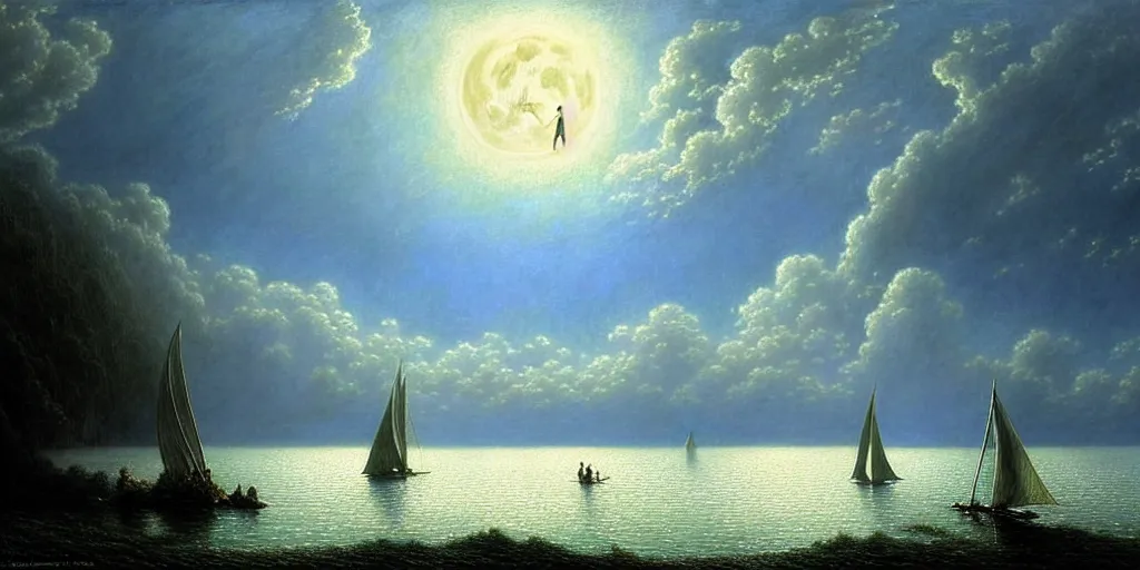 Image similar to an elegant fairy queen in a blue lace dress dancing looking out at a lord of the rings scenery landscape, staring across the sea at a white timber sail boat, evening, god's rays highly detailed, vivid colour, soft clouds, full moon, cinematic lighting, perfect composition, gustave dore, derek zabrocki, greg rutkowski, belsinski