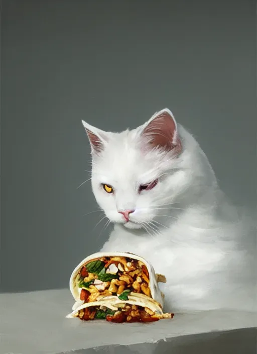 Image similar to a whimsical portrait of a cute white cat eating a burrito by Greg Rutkowski, Sung Choi, Mitchell Mohrhauser, Maciej Kuciara, Johnson Ting, Maxim Verehin, Peter Konig, final fantasy, Marco lense, photorealistic 8k, cinematic lighting, HD, high detail, atmospheric, trending on artstation