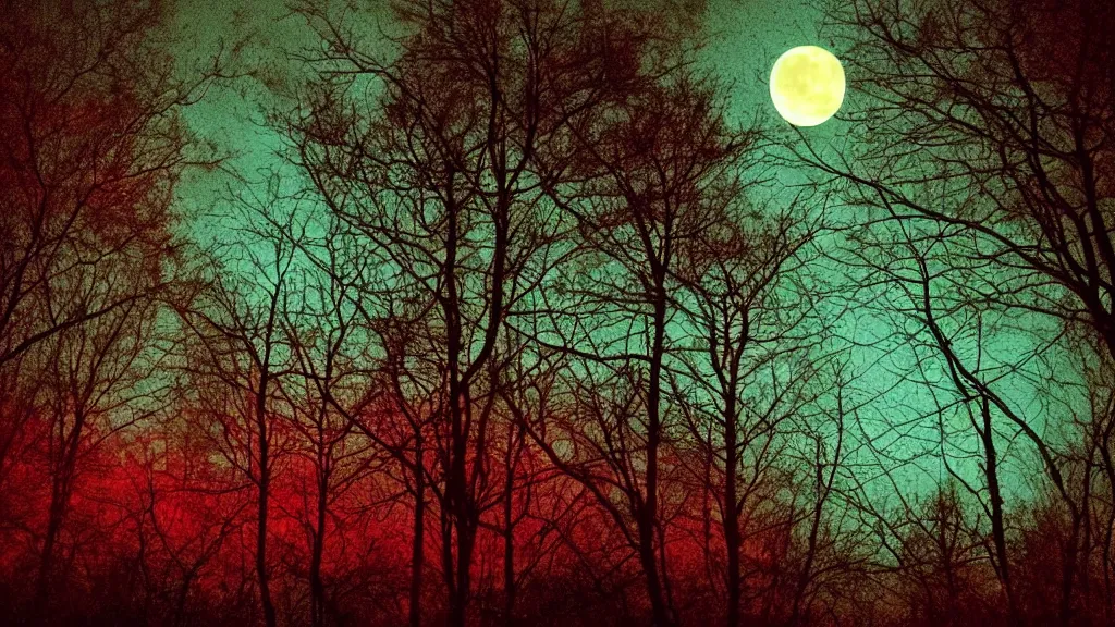 Prompt: ((psychedelic)) night time photography of a mystical night sky with a perfect huge moon, A glimpse through a small gap in the dark green foliage and overgrowth and the trees of the huge gibbous moon over water in a dark sky. wreathed in red smoke!!!!, starlight, night-time, dark enclosed, cozy, quiet forest night scene, spangled, cosmic