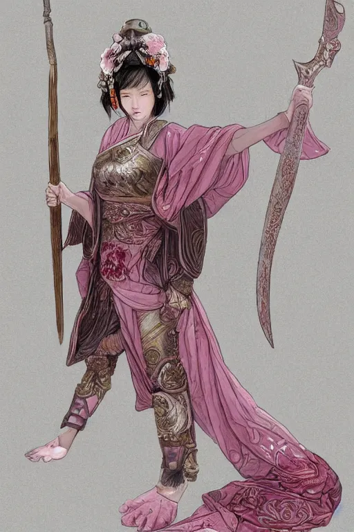 Image similar to full - bodied portrait, female changeling in rose - patterned eastern light armor, wielding a decorated halberd, wearing sandals, barefoot, geisha mask, realistic proportions, reasonable fantasy, ghostblade, wlop.