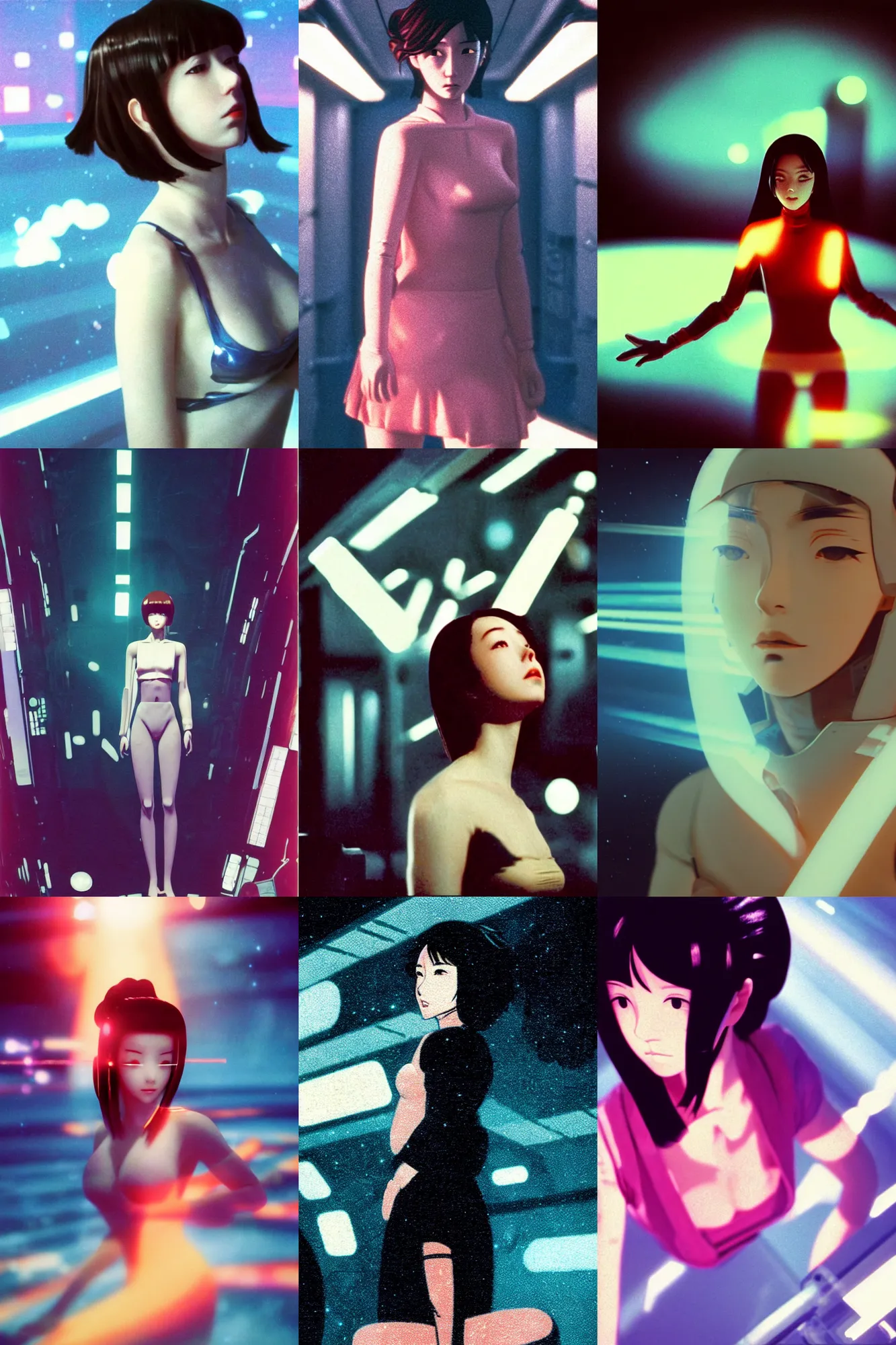 Prompt: Cinestill 50d, 8K, 35mm,J.J Abrams flare; beautiful ultra realistic vaporwave minimalistic pointé posed seinen manga Kemonozume Shokujinki in space(1950) film still medical lab fight scene, 2000s frontiers in blade runner retrofuturism fashion magazine September hyperrealism holly herndon edition, highly detailed, extreme closeup three-quarter pointé posed model portrait, tilt shift zaha hadid background, three point perspective: focus on anti-g flight suit;pointé pose;open mouth,terrified, eye contact, soft lighting