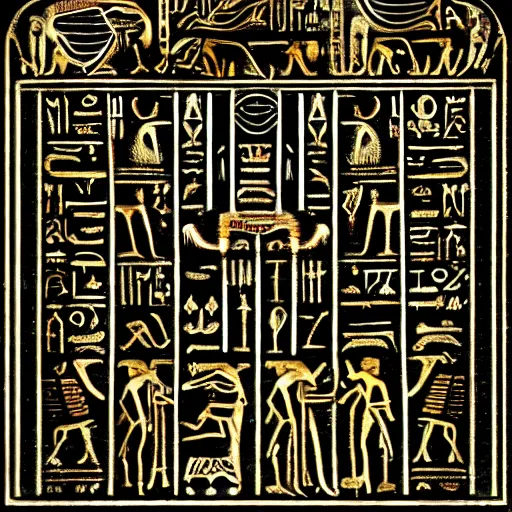 Image similar to evil black egyptian hieroglyphs on a black background, hidden eyes everywhere