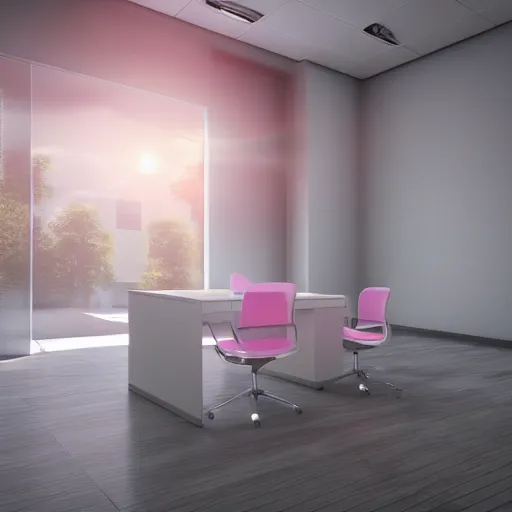 Prompt: a white empty pink office with sun rays looming down, with a pool inside, dynamic lighting, photorealistic concept art, trending on art station, stunning visuals, creative, cinematic, ultra detailed, ray tracing