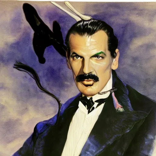 Image similar to vincent price as billionaire howard hughes in exotic fantasy satin robes and high collar, vivid, renaissance, illustration, dynamic and dramatic, highly detailed, rough paper, dark, oil painting