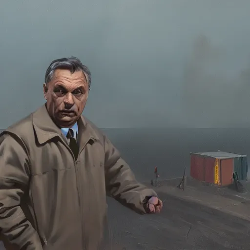 Image similar to viktor orban in a painting from stalenhag, 4 k, 8 k, hdr, artstation, concept art