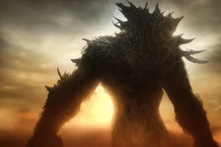 Image similar to looking up at a gigantic angry monster made of glowing light standing tall in the desert, elden ring boss, realism, photo realistic, high quality, misty, hazy, ambient lighting, cinematic lighting, studio quality,