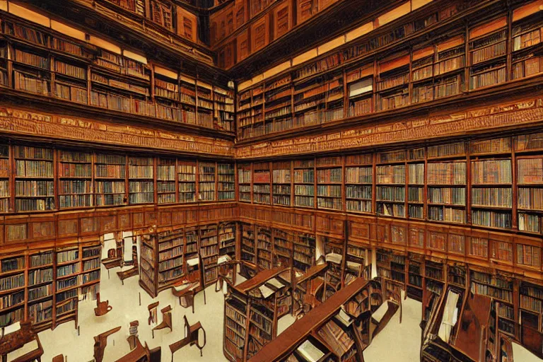 Prompt: interior architectual photo of a monumental great library hall with high ceiling, spiral shelves full of books, volumetric lighting, m. c. escher