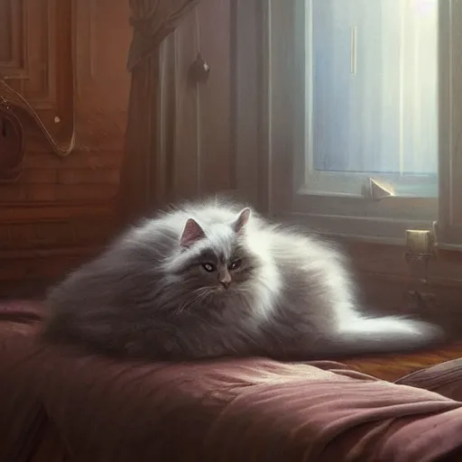 Image similar to cinematic view fluffy beutiful cat sleeping on the couch digital painting, artstation, concept art, soft light, hdri, smooth, sharp focus, illustration, fantasy, intricate, elegant, highly detailed, D&D, matte painting, in the style of Greg Rutkowski and Alphonse Mucha and artemisia, 8k, highly detailed, jurgens, rutkowski, bouguereau, pastoral, rustic, georgic