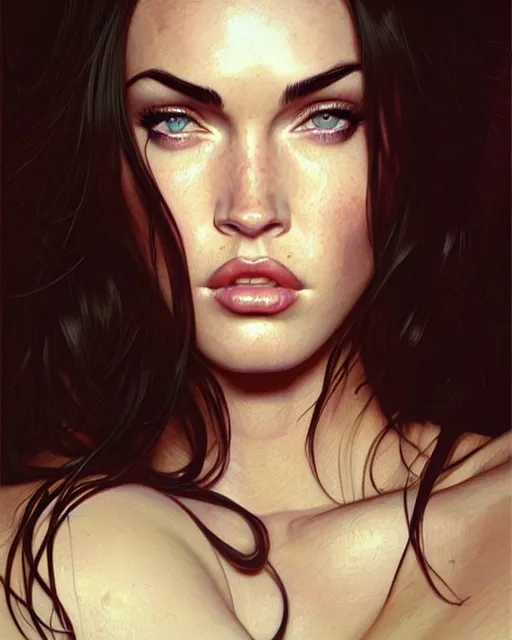 Image similar to portrait of megan fox with hot face expression, intricate, headshot, highly detailed, digital painting, artstation, concept art, sharp focus, cinematic lighting, illustration, art by artgerm and greg rutkowski, alphonse mucha, cgsociety