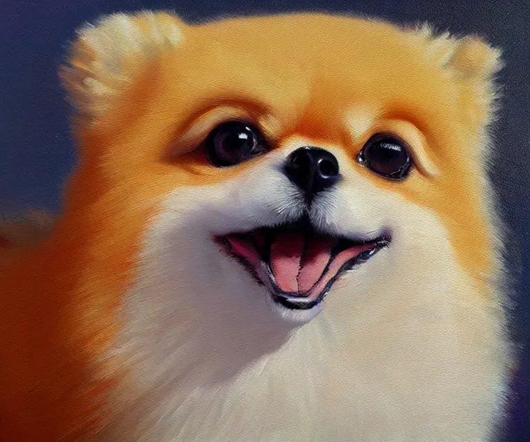 Image similar to pomeranian, cute, oil painting, trending on artstation