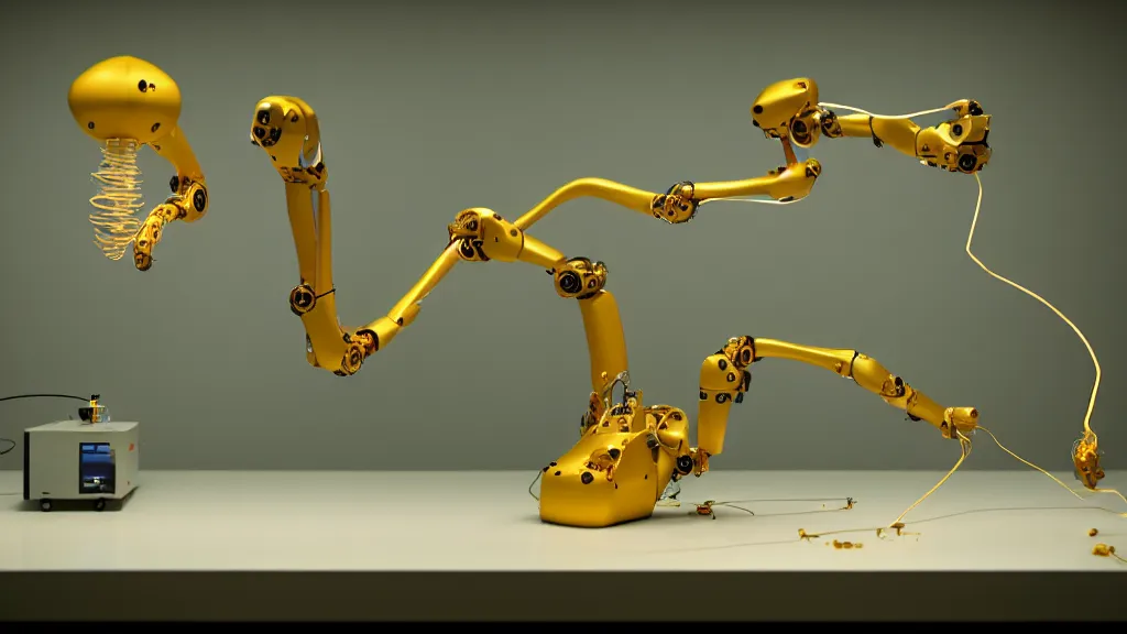 Image similar to a complex bifurcated robotic cnc surgical arm hybrid 3 d printer machine making organic ceramic kintsugi mandlebulb forms in the laboratory room, very thin gold wire, film still from the movie directed by denis villeneuve with art direction by salvador dali, wide lens, f 3 2, cinematic lighting, studio quality, smooth render, unreal engine 5 rendered, octane rendered