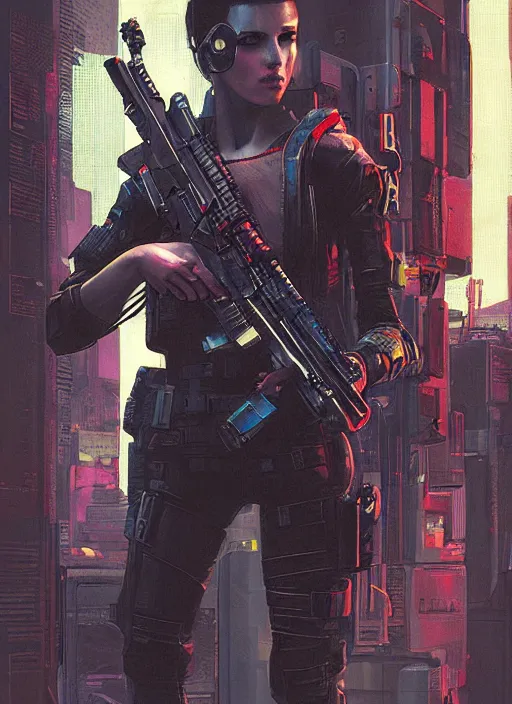 Prompt: Ela. Cyberpunk mercenary in tactical gear infiltrating corporate mainframe. (Cyberpunk 2077), blade runner 2049, (matrix) Concept art by James Gurney, Craig Mullins and Alphonso Mucha. Stylized painting with Vivid color.