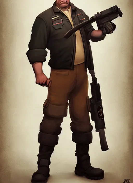 Prompt: a fusion of the heavy from team fortress 2 and bernie sanders, character portrait, cinematic lighting, art by artgerm and tom bagshaw, team fortress character art, socialist mercenary