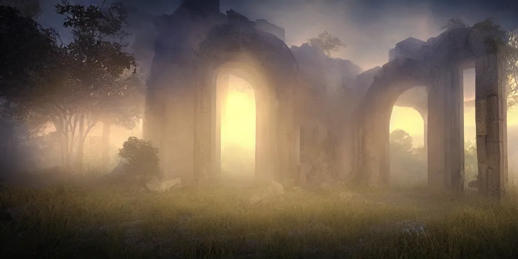 Prompt: mystical ruins, volumetric lighting, sunrise, vivid, fog, digital art