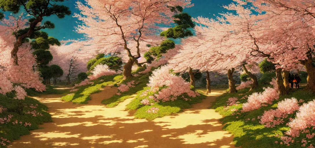 Prompt: ghibli illustrated background of a trail leading through a strikingly beautiful sulfur field, and cherry blossoms by vasily polenov, eugene von guerard, ivan shishkin, albert edelfelt, john singer sargent, albert bierstadt 4 k