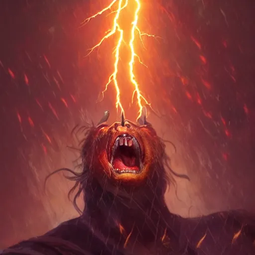 Image similar to Powerful!!!! big headed warrior screaming, lightning, fire, fantasy art, artstation